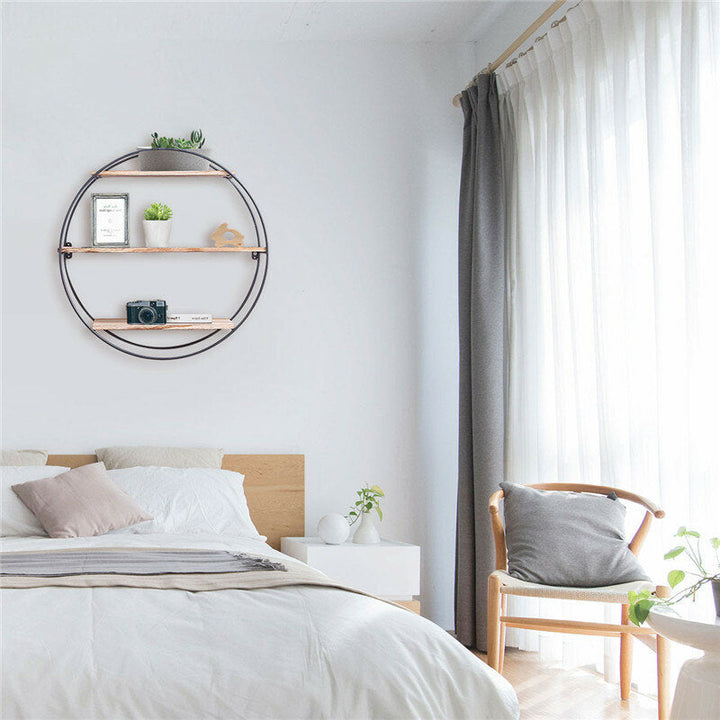 Round Wall Unit Retro Industrial Style Wood Metal Wall Shelf Rack Book Shelf Storage Rack Image 4