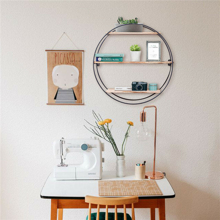 Round Wall Unit Retro Industrial Style Wood Metal Wall Shelf Rack Book Shelf Storage Rack Image 5