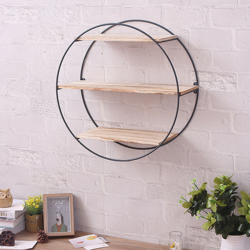 Round Wall Unit Retro Industrial Style Wood Metal Wall Shelf Rack Book Shelf Storage Rack Image 6