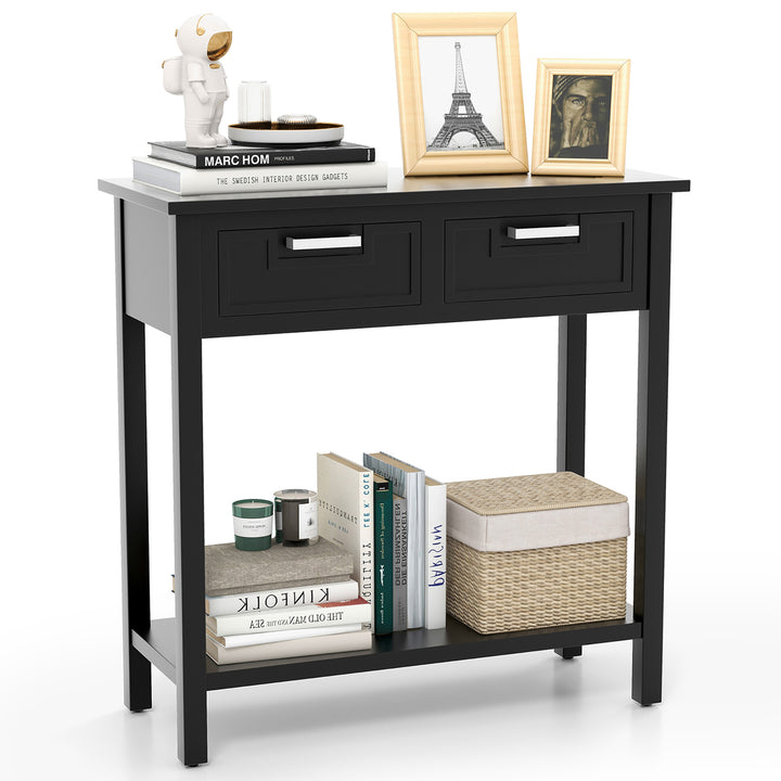 Narrow Console Table with Drawers Retro Accent Sofa Table w/ Open Storage Black Image 1