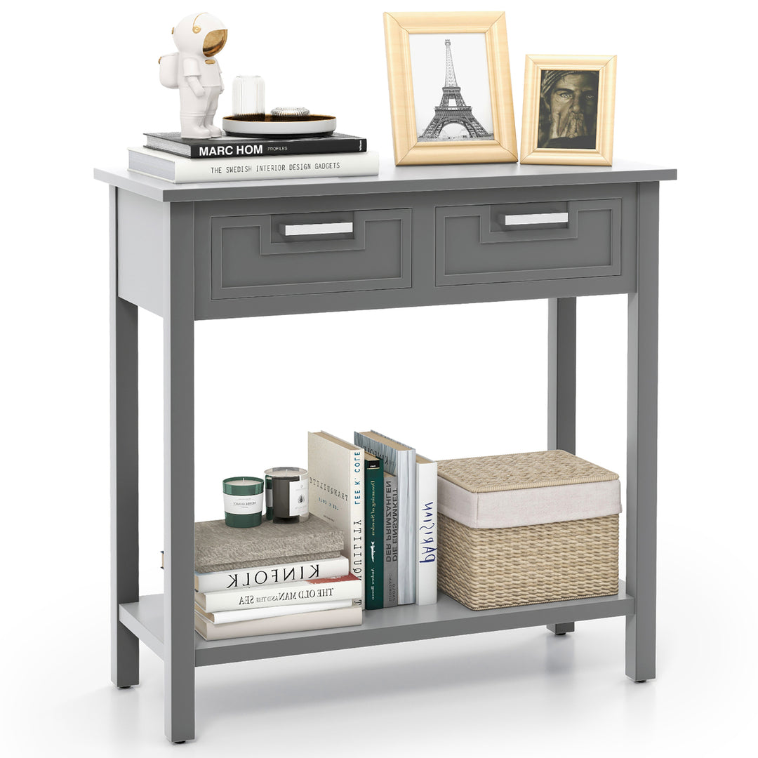 Narrow Console Table with Drawers Retro Accent Sofa Table w/ Open Storage Grey Image 1