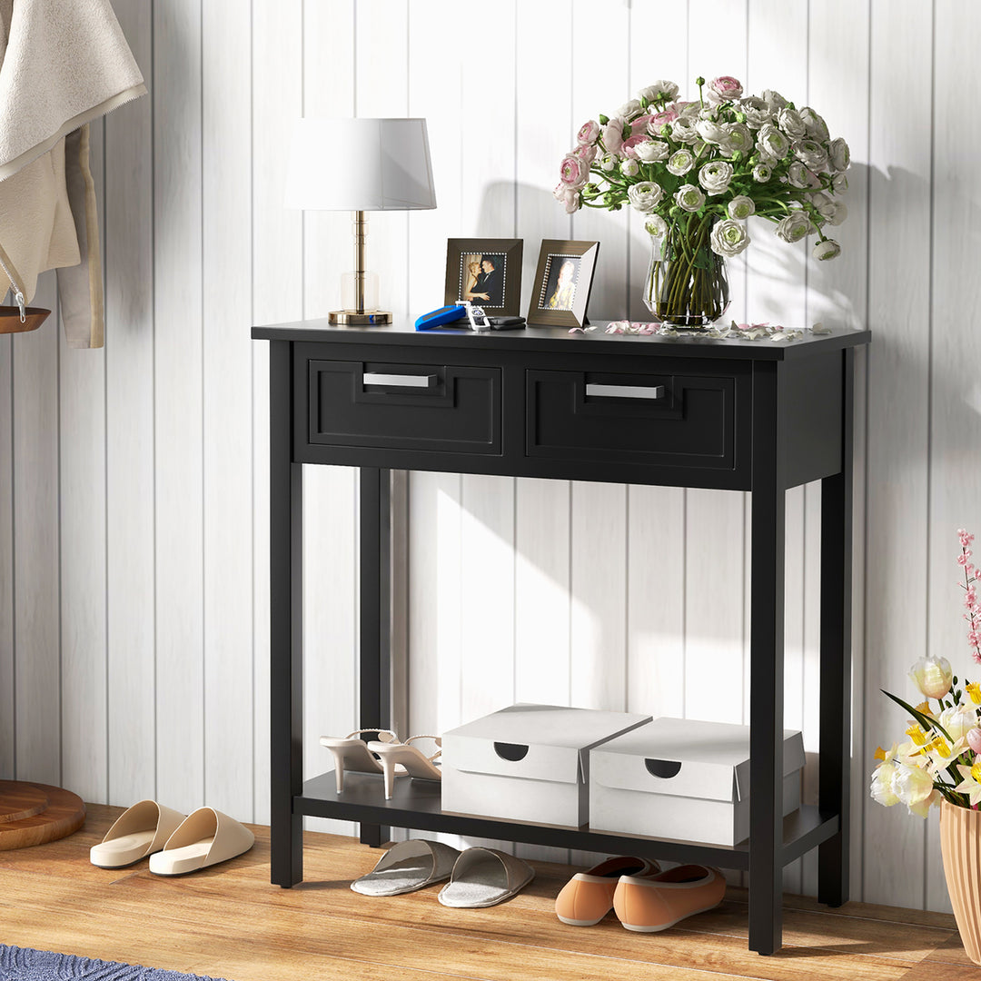 Narrow Console Table with Drawers Retro Accent Sofa Table w/ Open Storage Black Image 2