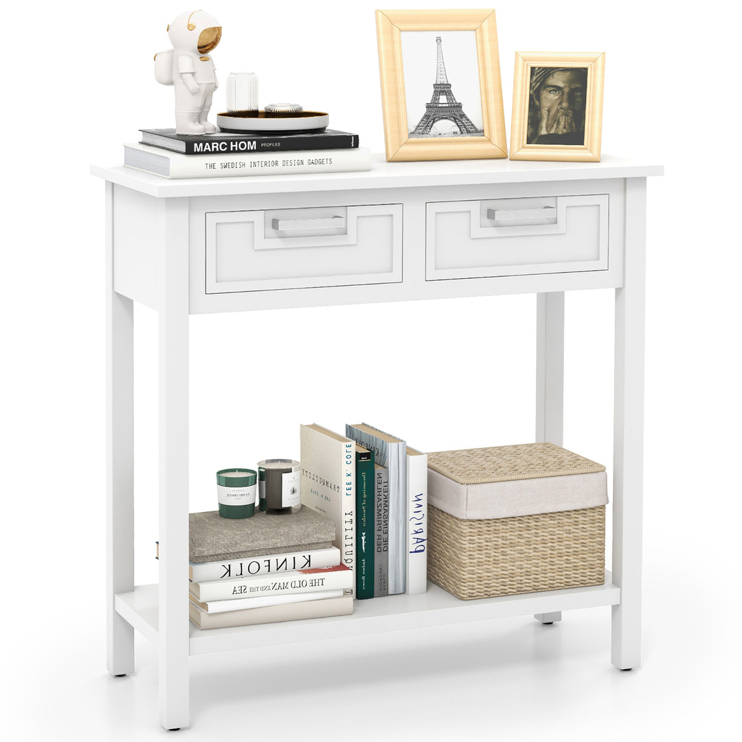 Narrow Console Table with Drawers Retro Accent Sofa Table w/ Open Storage White Image 1