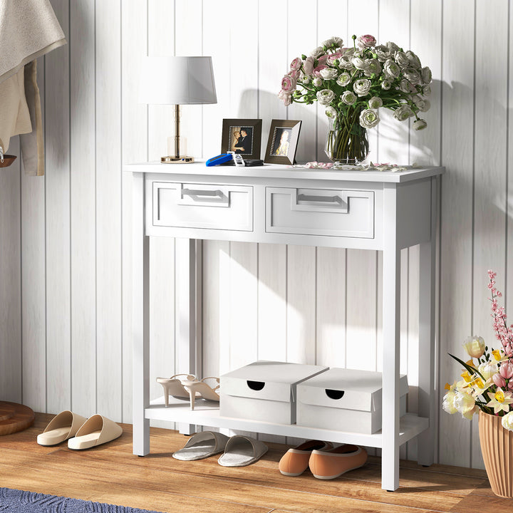 Narrow Console Table with Drawers Retro Accent Sofa Table w/ Open Storage White Image 2