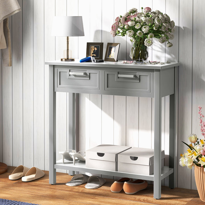 Narrow Console Table with Drawers Retro Accent Sofa Table w/ Open Storage Grey Image 2