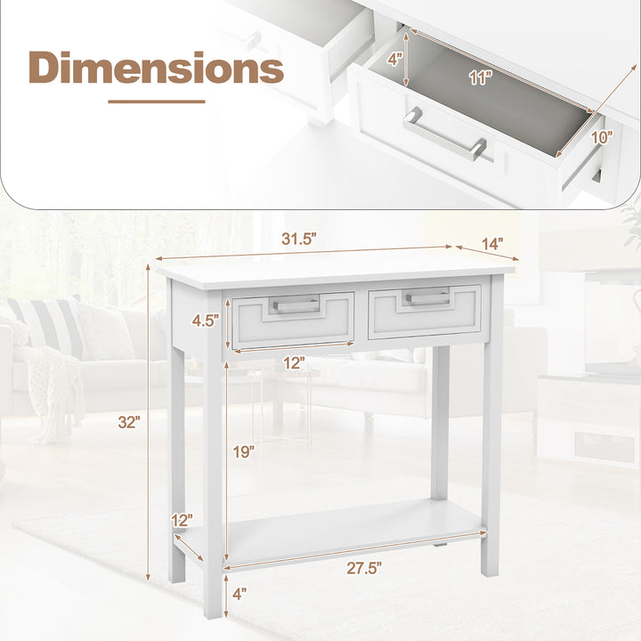 Narrow Console Table with Drawers Retro Accent Sofa Table w/ Open Storage White Image 3