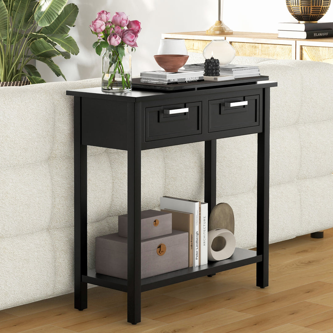 Narrow Console Table with Drawers Retro Accent Sofa Table w/ Open Storage Black Image 5