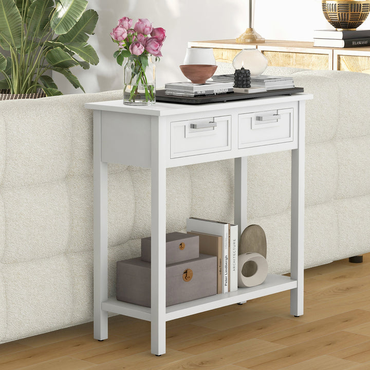 Narrow Console Table with Drawers Retro Accent Sofa Table w/ Open Storage White Image 5