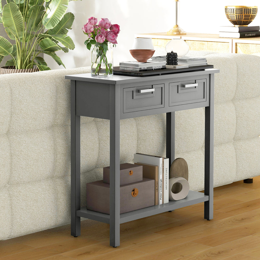 Narrow Console Table with Drawers Retro Accent Sofa Table w/ Open Storage Grey Image 5