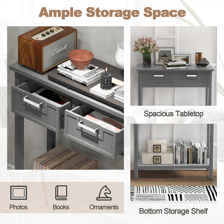 Narrow Console Table with Drawers Retro Accent Sofa Table w/ Open Storage Grey Image 6