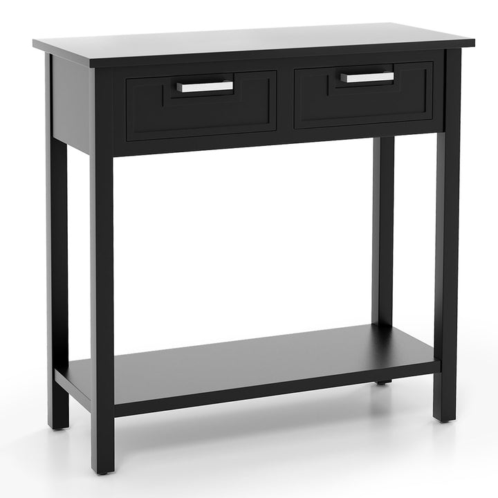 Narrow Console Table with Drawers Retro Accent Sofa Table w/ Open Storage Black Image 10