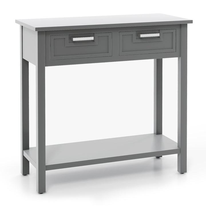 Narrow Console Table with Drawers Retro Accent Sofa Table w/ Open Storage Grey Image 10