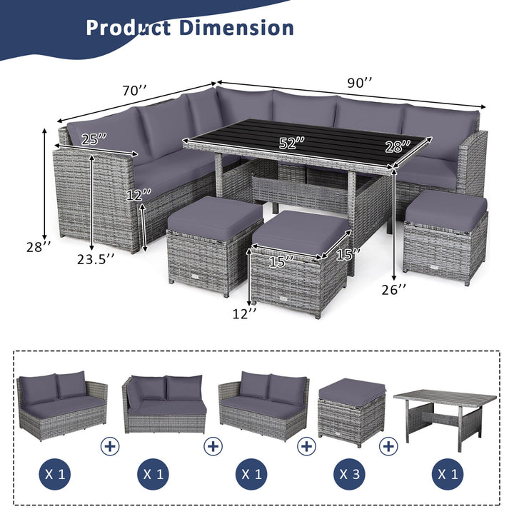 7PCS Rattan Patio Sectional Sofa Set Conversation Set w/ Grey Cushions Image 3