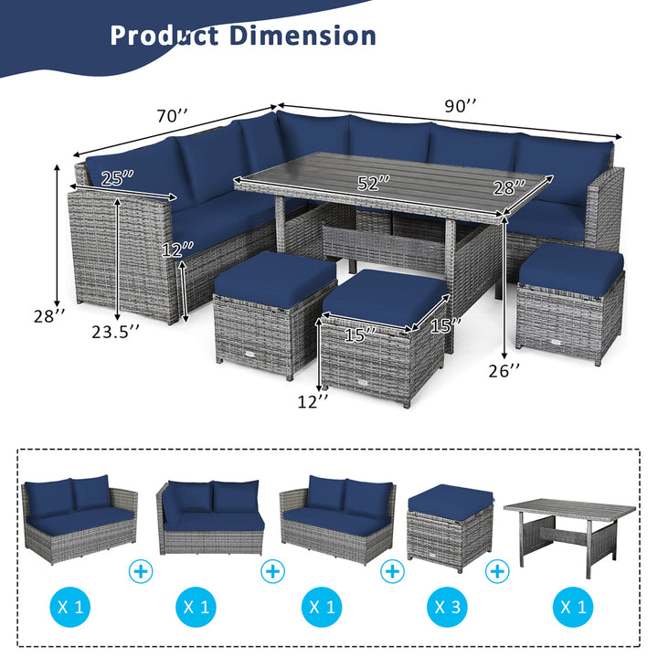 7PCS Rattan Patio Sectional Sofa Set Conversation Set w/ Navy Cushions Image 3