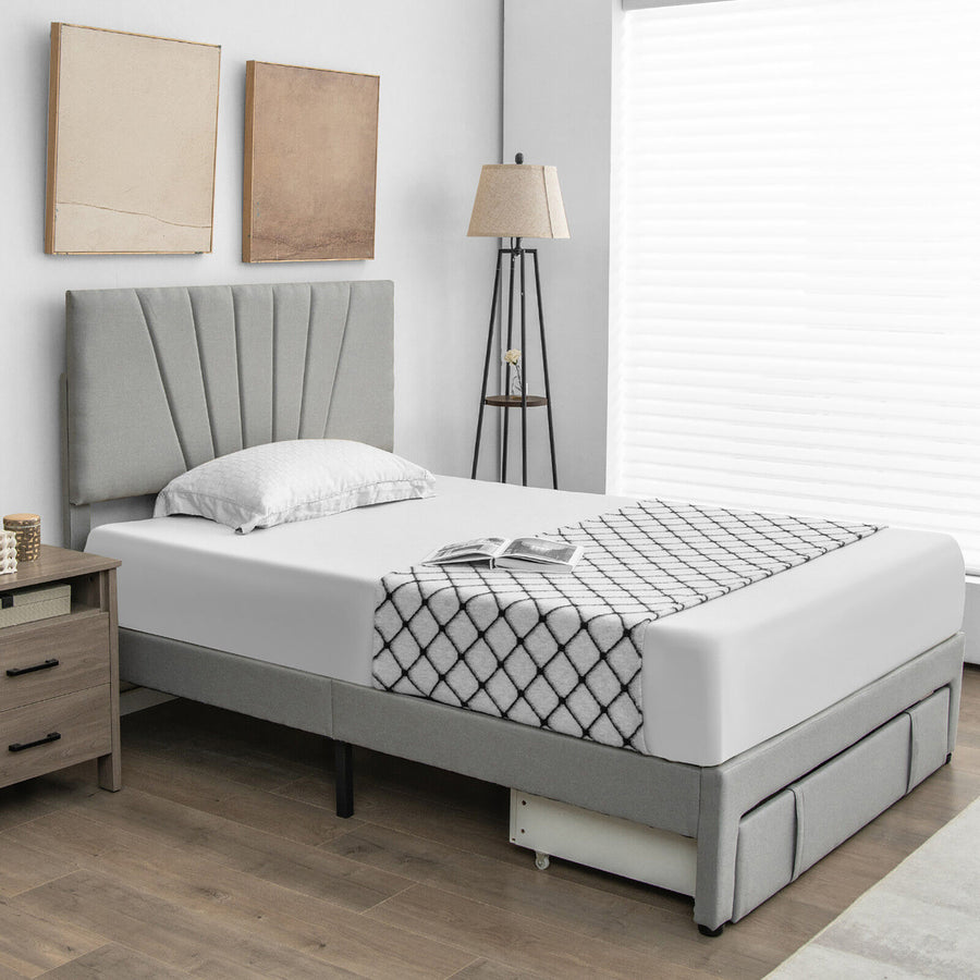 Full/Queen Upholstered Bed Frame Platform Bed with Drawer and Adjustable Headboard Grey Image 1