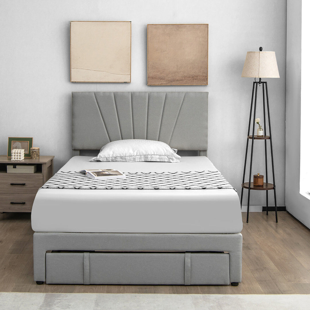 Full/Queen Upholstered Bed Frame Platform Bed with Drawer and Adjustable Headboard Grey Image 2