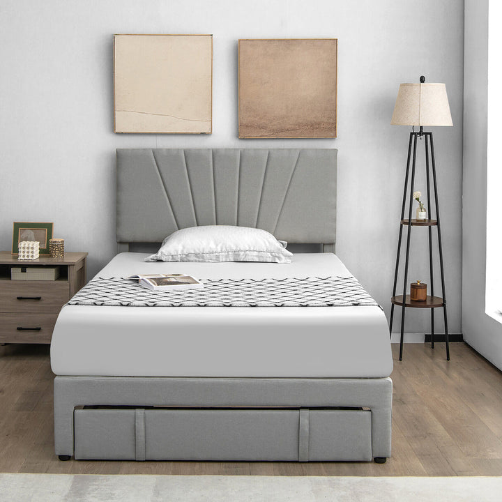 Full/Queen Upholstered Bed Frame Platform Bed with Drawer and Adjustable Headboard Grey Image 2