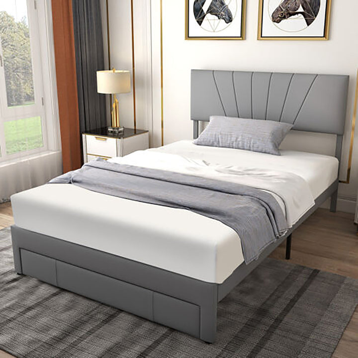 Full/Queen Upholstered Bed Frame Platform Bed with Drawer and Adjustable Headboard Grey Image 3