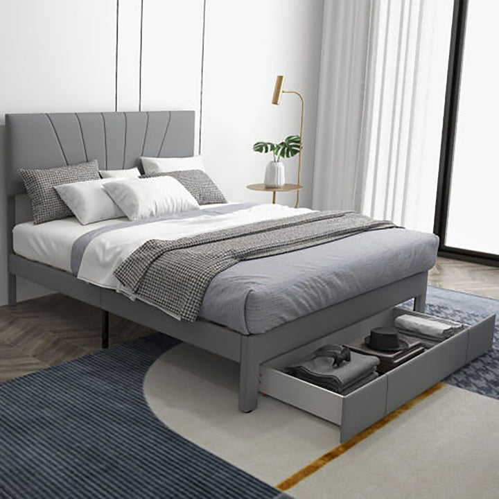 Full/Queen Upholstered Bed Frame Platform Bed with Drawer and Adjustable Headboard Grey Image 1