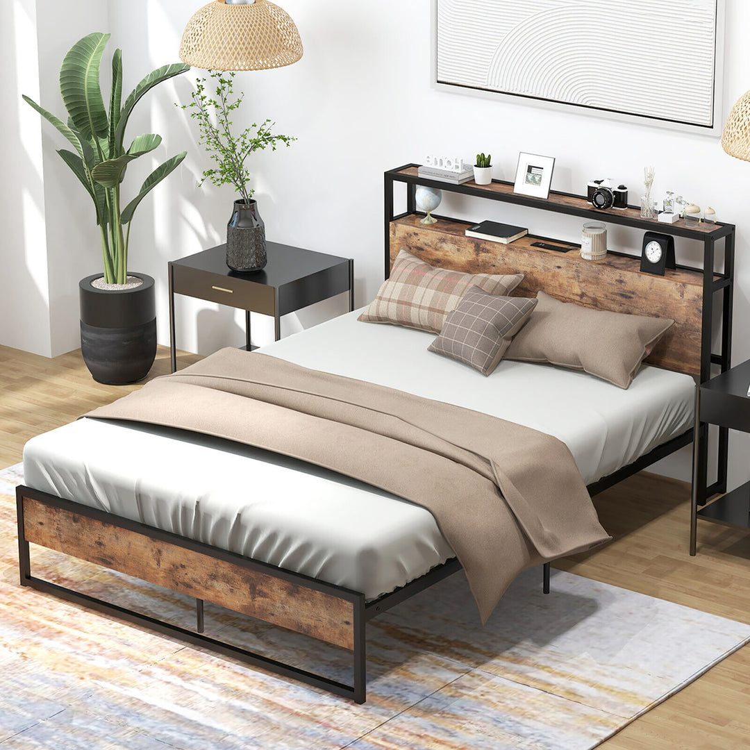 Full Size Industrial Platform Bed Frame with Charging Station Storage Headboard Image 1