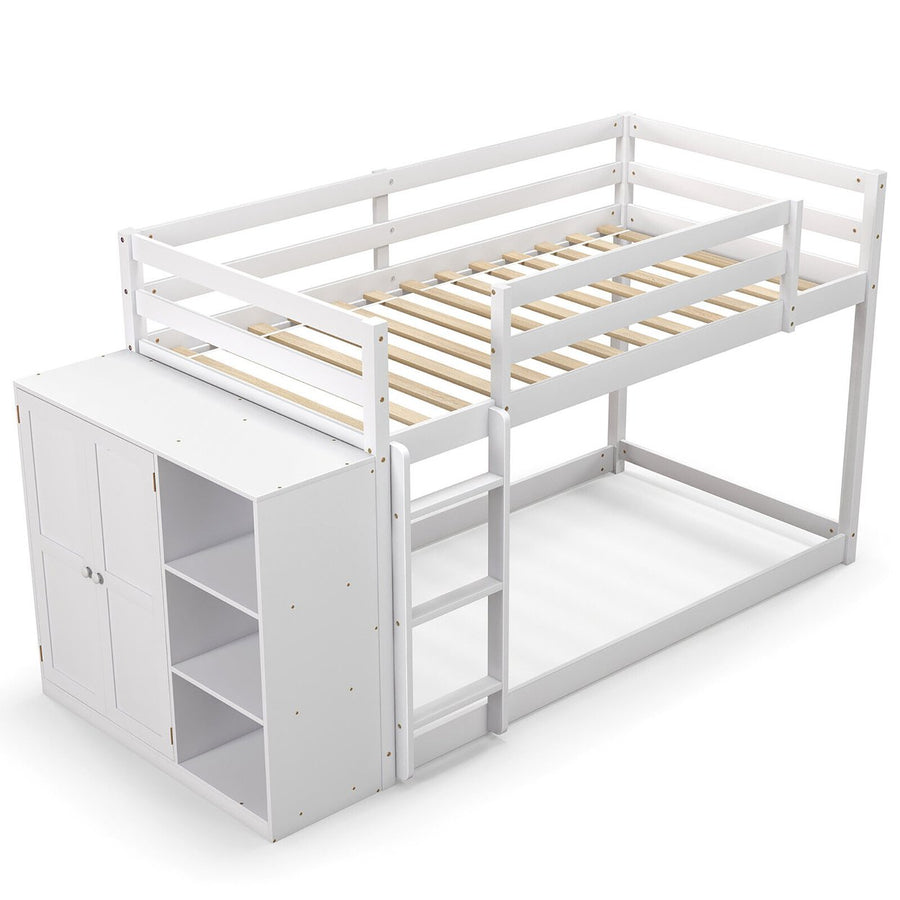 Twin Over Twin Bunk Bed Wood Frame Storage Shelves Ladder Guardrails Kids White Image 1