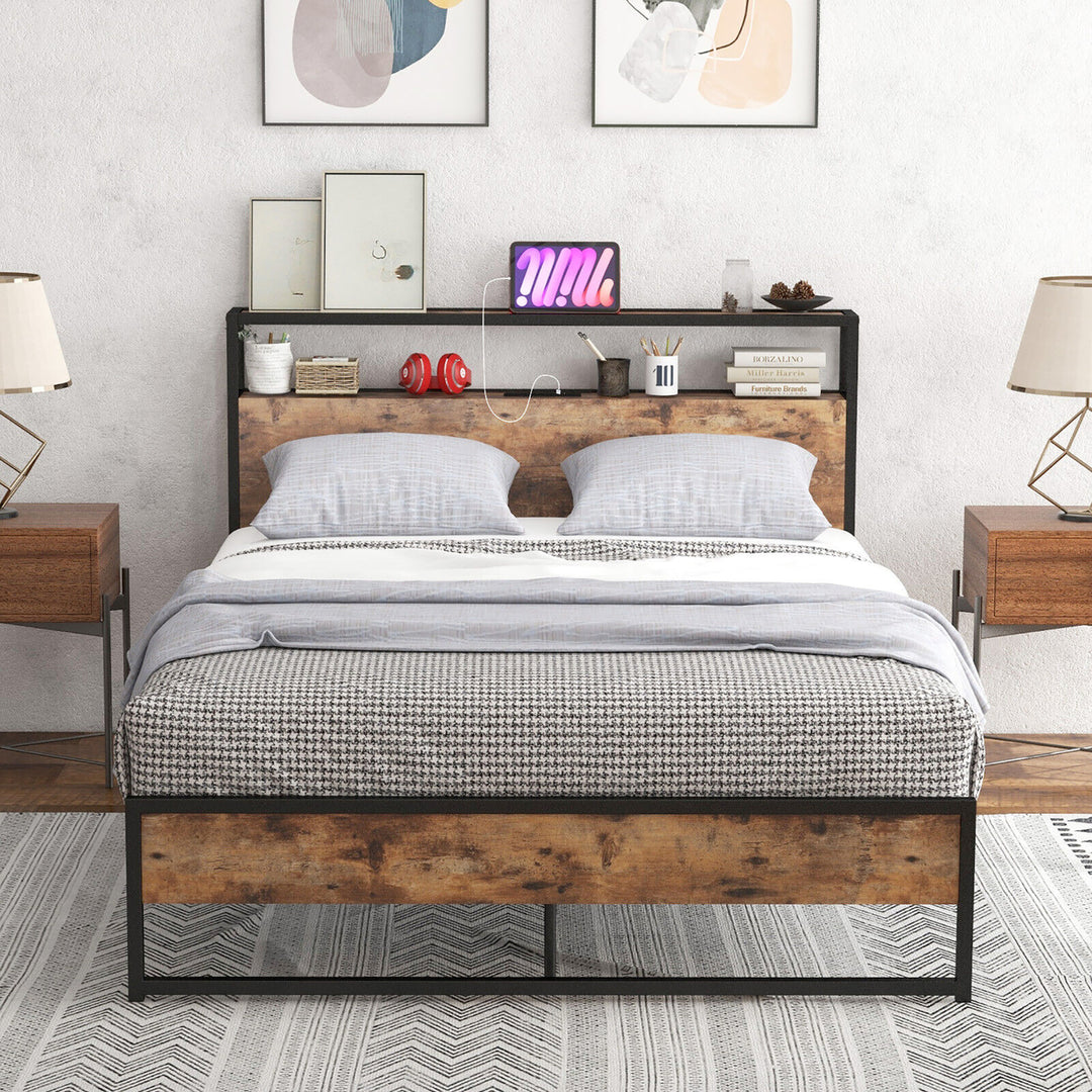 Full Size Industrial Platform Bed Frame with Charging Station Storage Headboard Image 9