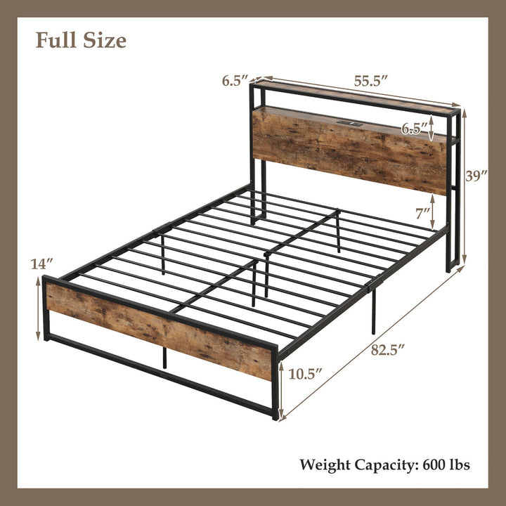 Full Size Industrial Platform Bed Frame with Charging Station Storage Headboard Image 3