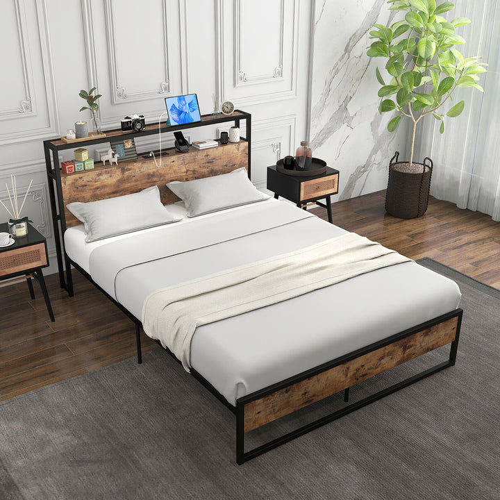 Full Size Industrial Platform Bed Frame with Charging Station Storage Headboard Image 4