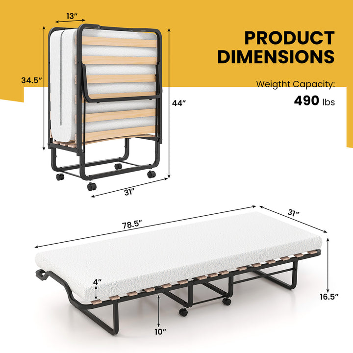 Portable Foldable Guest Bed w/ Solid Wood Slats and Metal Frame Rollaway Bed for Adults w/ Wheel Image 3