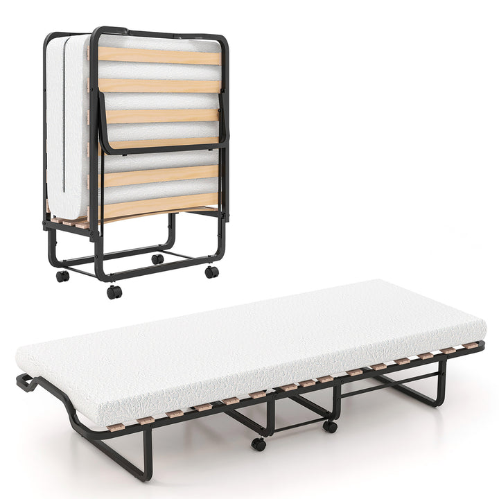 Portable Foldable Guest Bed w/ Solid Wood Slats and Metal Frame Rollaway Bed for Adults w/ Wheel Image 4