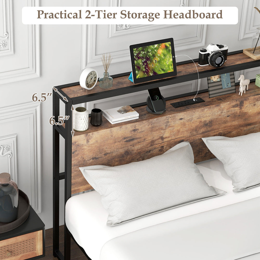 Full Size Industrial Platform Bed Frame with Charging Station Storage Headboard Image 6