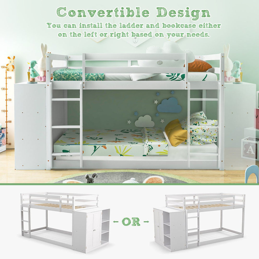 Twin Over Twin Bunk Bed Wood Frame Storage Shelves Ladder Guardrails Kids White Image 7