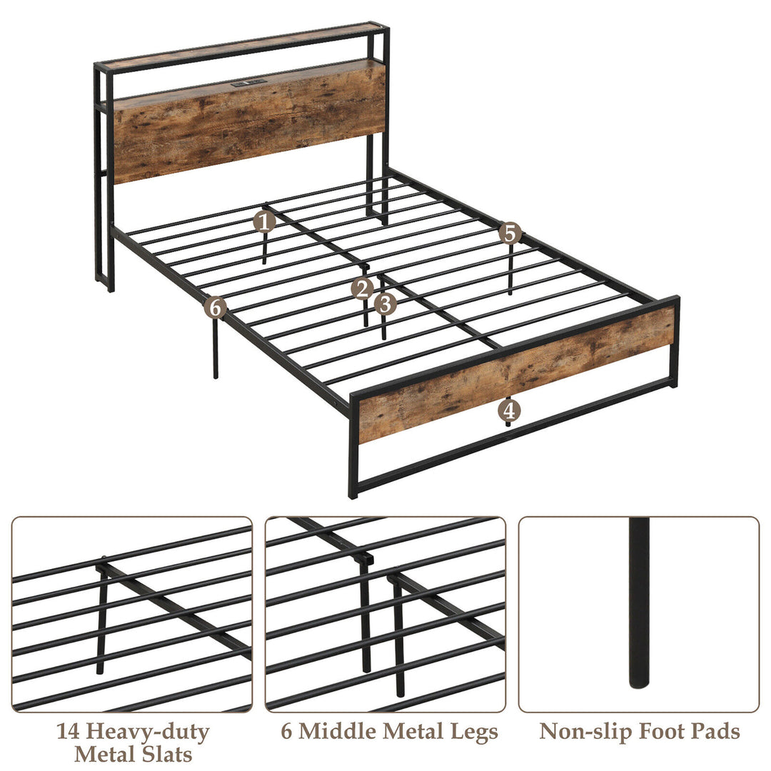 Full Size Industrial Platform Bed Frame with Charging Station Storage Headboard Image 8