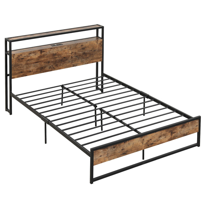 Full Size Industrial Platform Bed Frame with Charging Station Storage Headboard Image 2