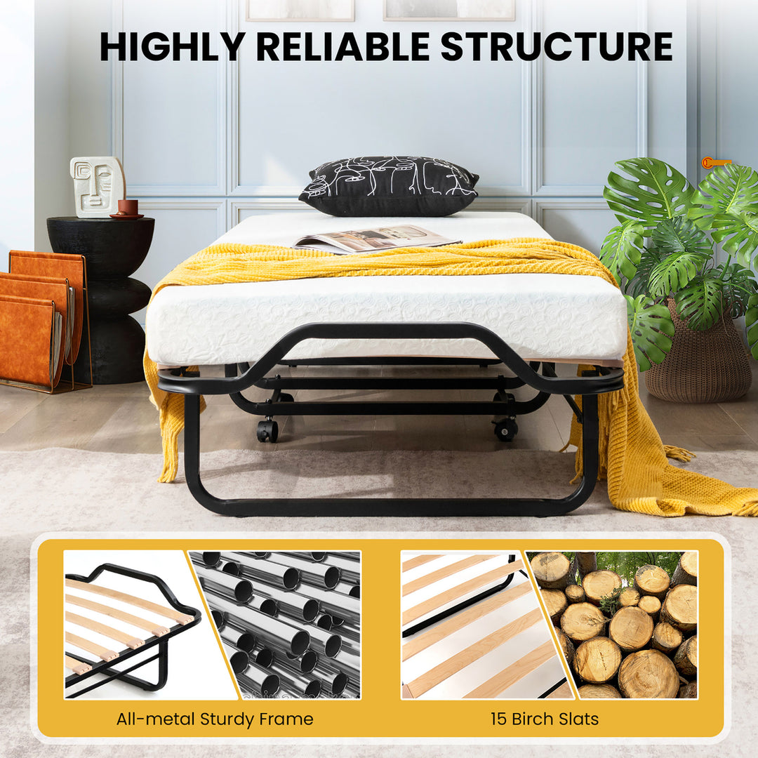 Portable Foldable Guest Bed w/ Solid Wood Slats and Metal Frame Rollaway Bed for Adults w/ Wheel Image 10