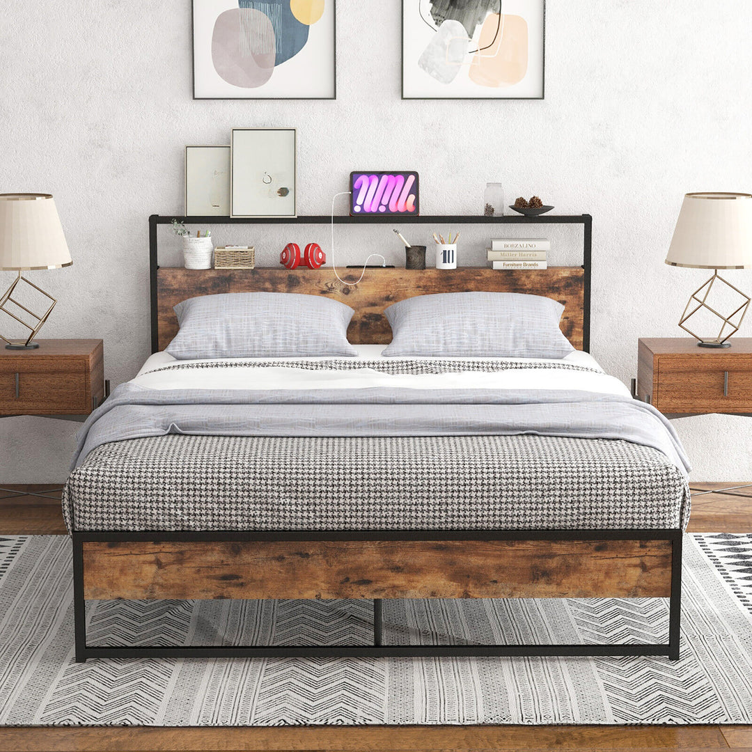 Queen Size Industrial Platform Bed Frame with Charging Station Storage Headboard Image 1