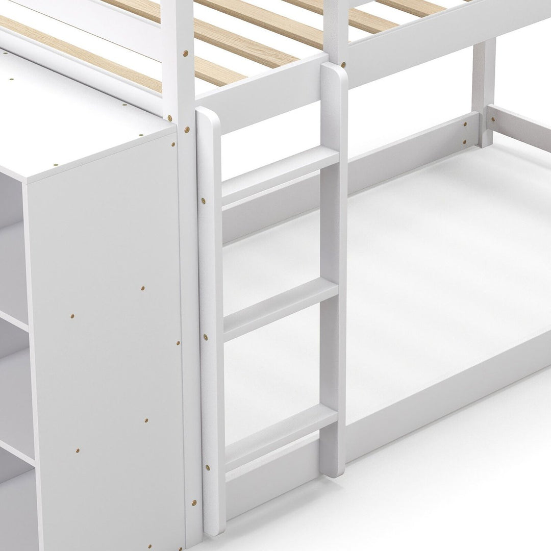 Twin Over Twin Bunk Bed Wood Frame Storage Shelves Ladder Guardrails Kids White Image 10