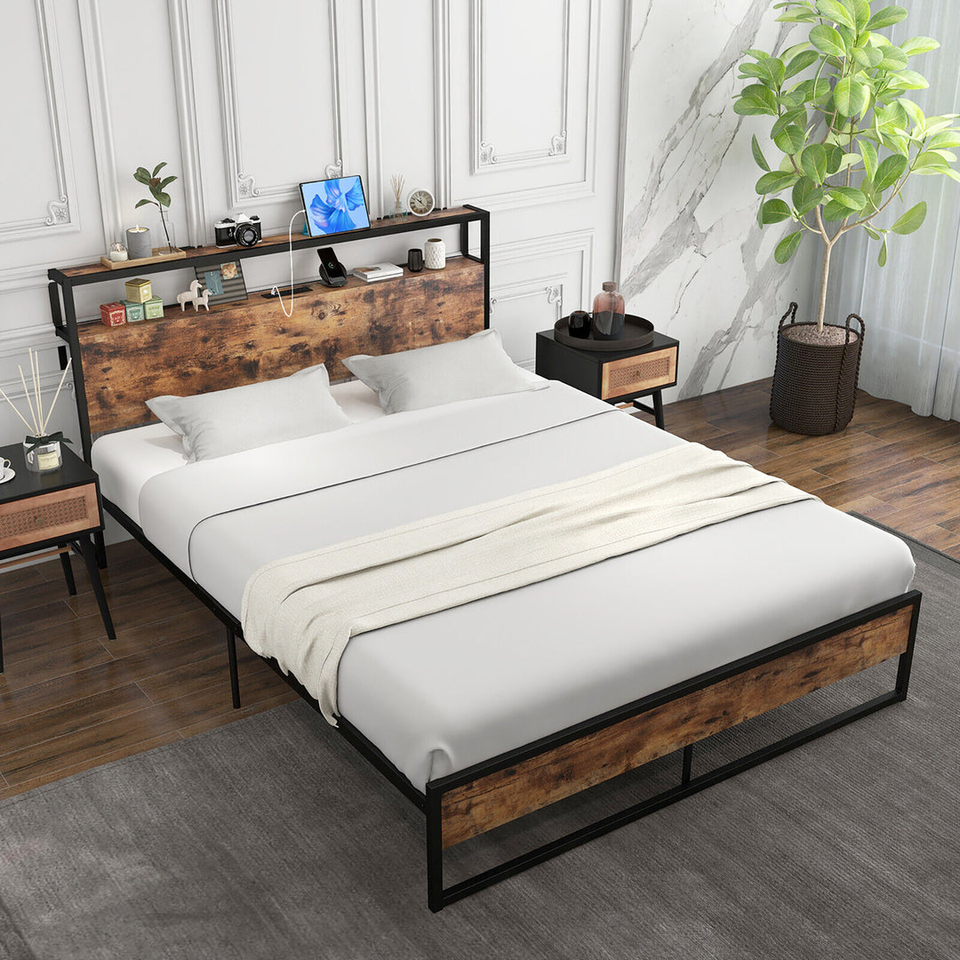 Queen Size Industrial Platform Bed Frame with Charging Station Storage Headboard Image 9