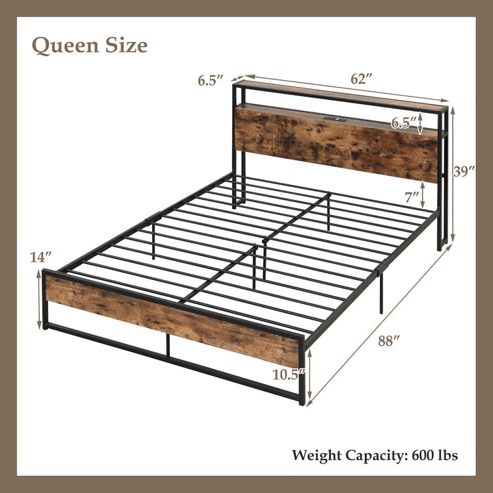 Queen Size Industrial Platform Bed Frame with Charging Station Storage Headboard Image 3