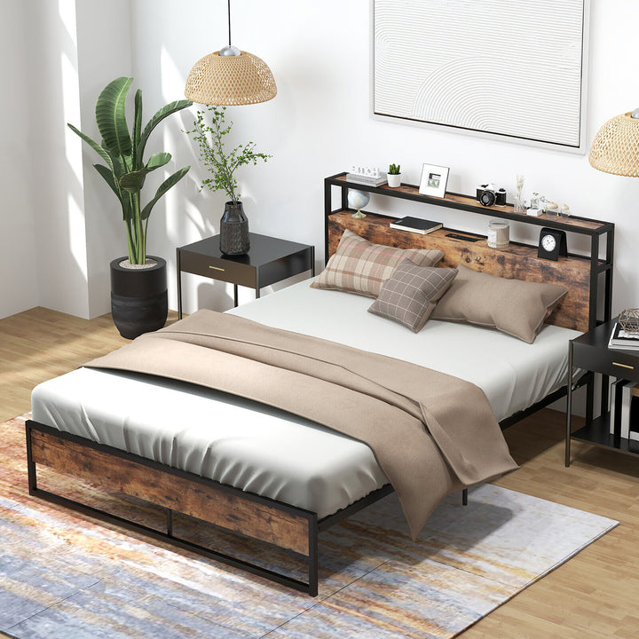 Queen Size Industrial Platform Bed Frame with Charging Station Storage Headboard Image 4