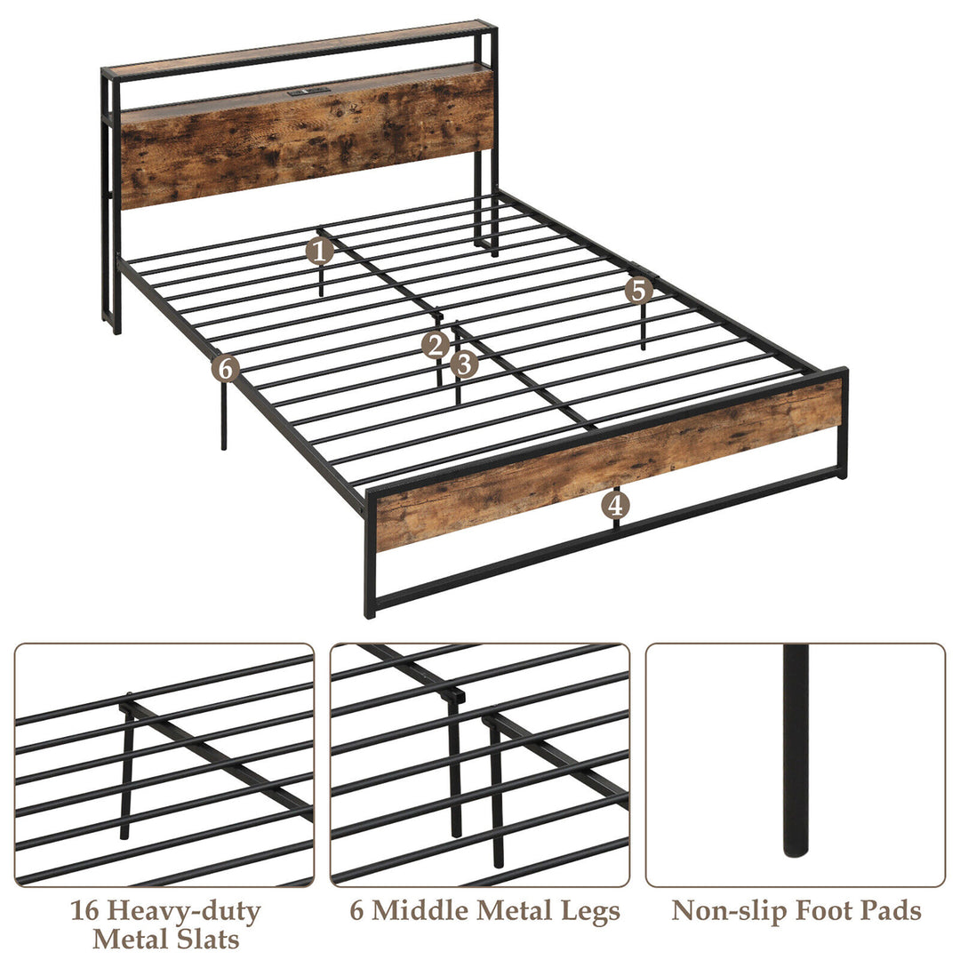 Queen Size Industrial Platform Bed Frame with Charging Station Storage Headboard Image 8