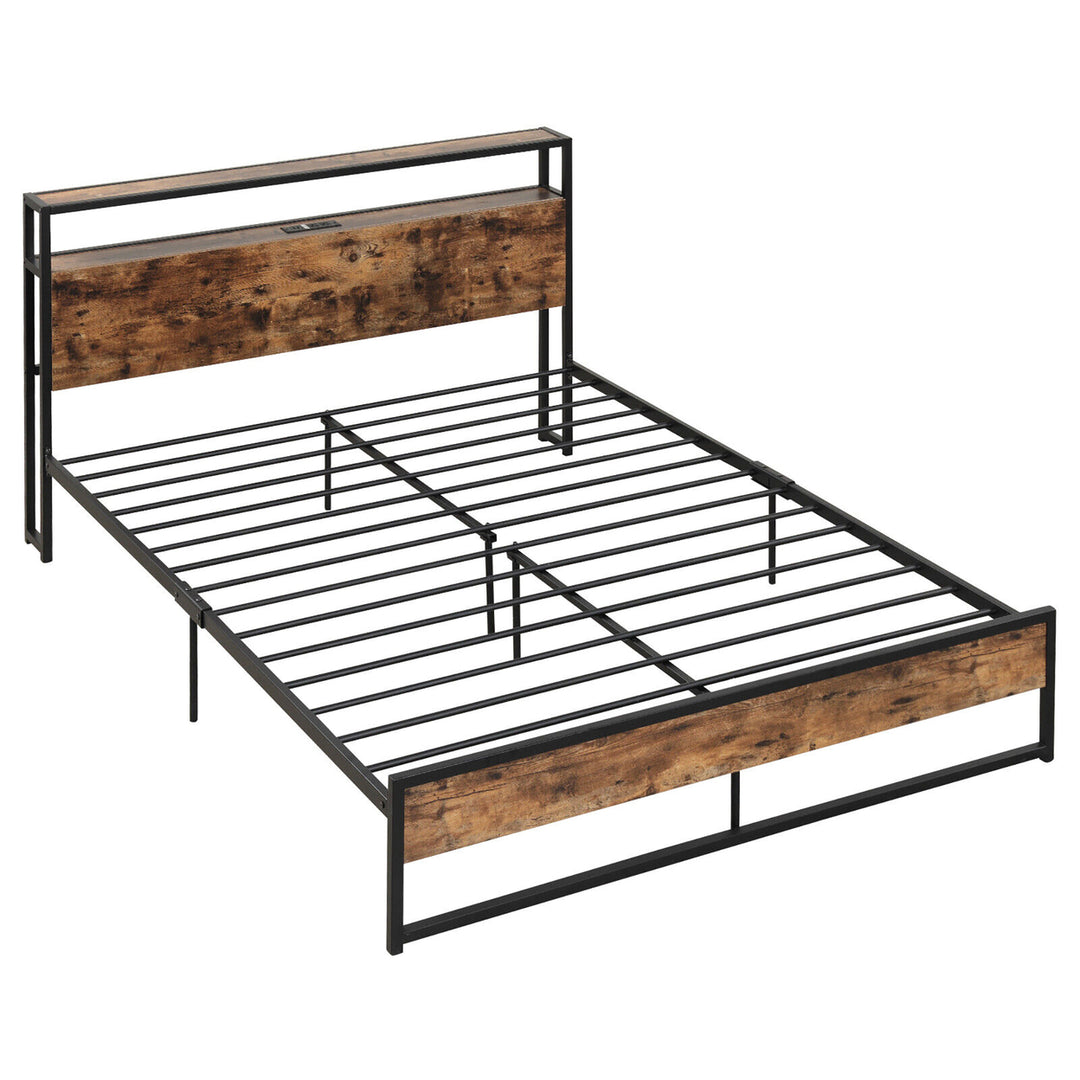 Queen Size Industrial Platform Bed Frame with Charging Station Storage Headboard Image 2