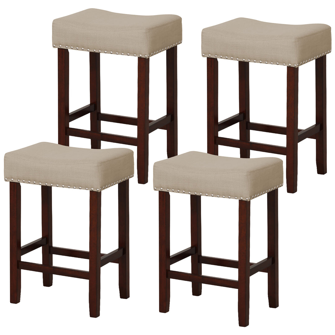 Set of 4 Bar Stools Counter Height Saddle Kitchen Chairs w/ Wooden Legs Image 1