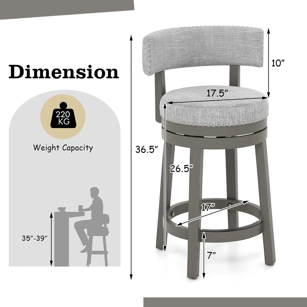 Upholstered Swivel Bar Stool Wooden Counter Height Kitchen Chair w/ Back Grey Image 2