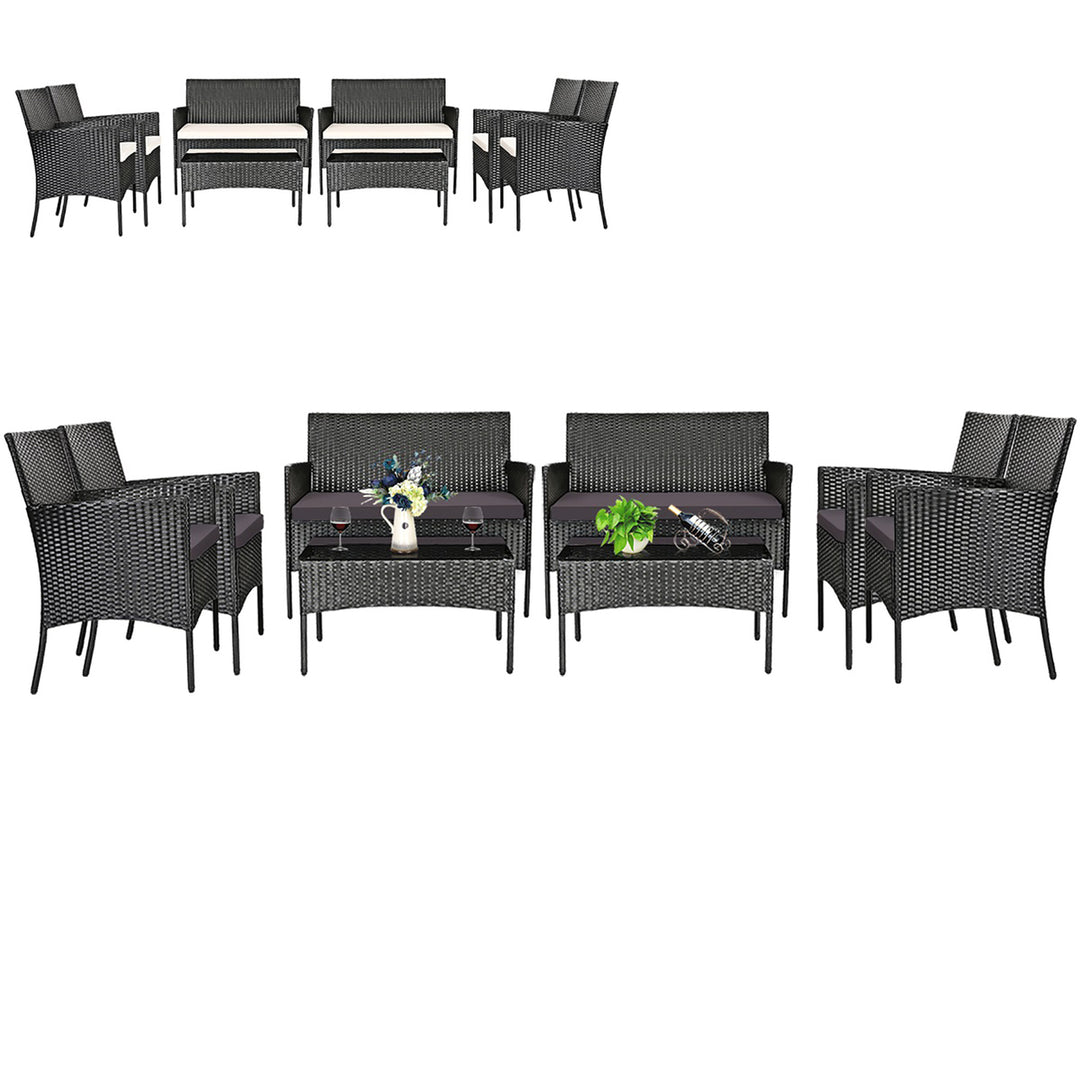 8PCS Outdoor Furniture Set Patio Rattan Conversation Set w/ Grey and Off White Cushion Image 1