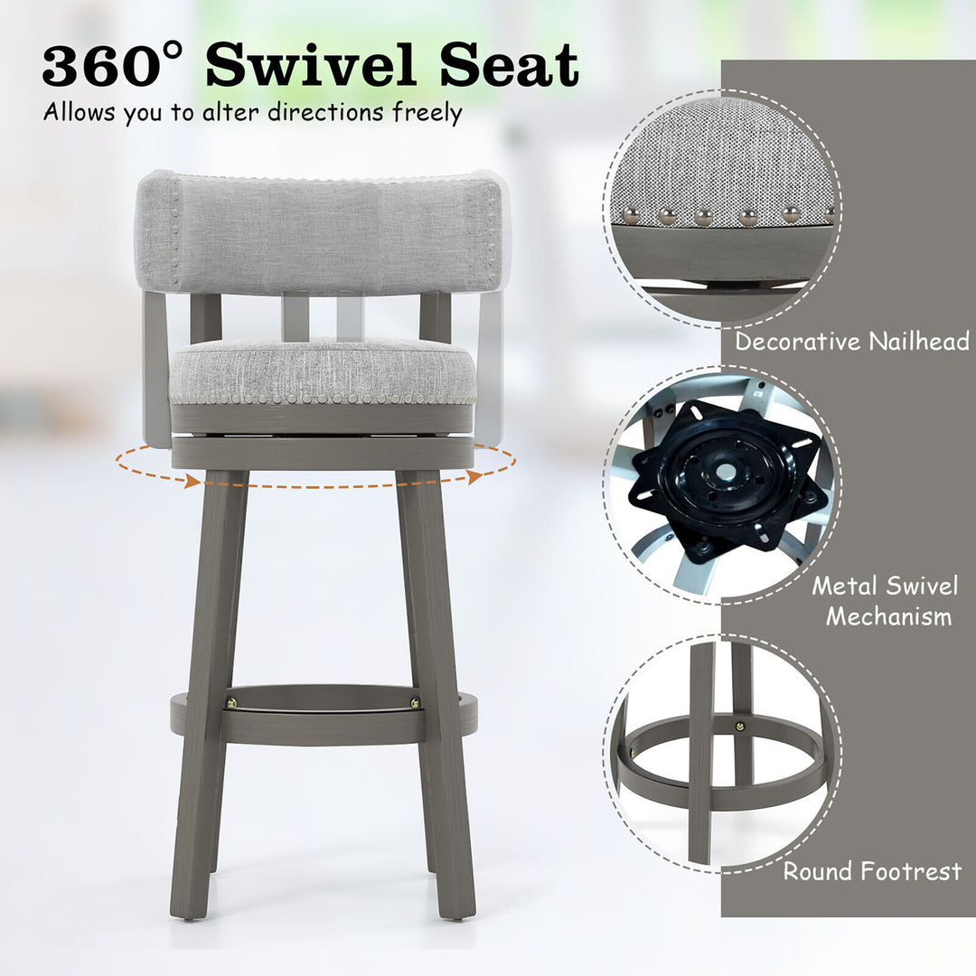 Upholstered Swivel Bar Stool Wooden Counter Height Kitchen Chair w/ Back Grey Image 8