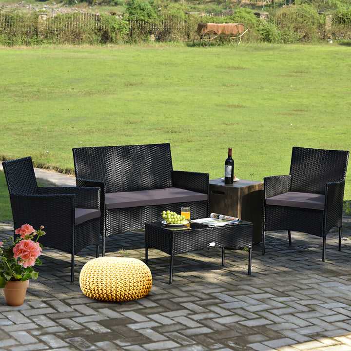 8PCS Outdoor Furniture Set Patio Rattan Conversation Set w/ Grey and Off White Cushion Image 3