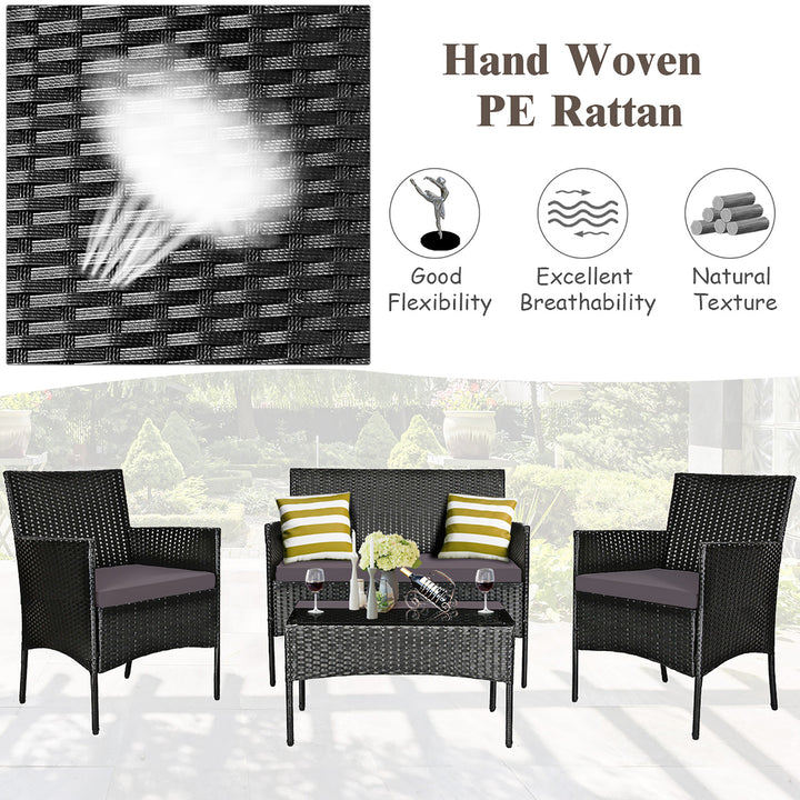 8PCS Outdoor Furniture Set Patio Rattan Conversation Set w/ Grey and Off White Cushion Image 4