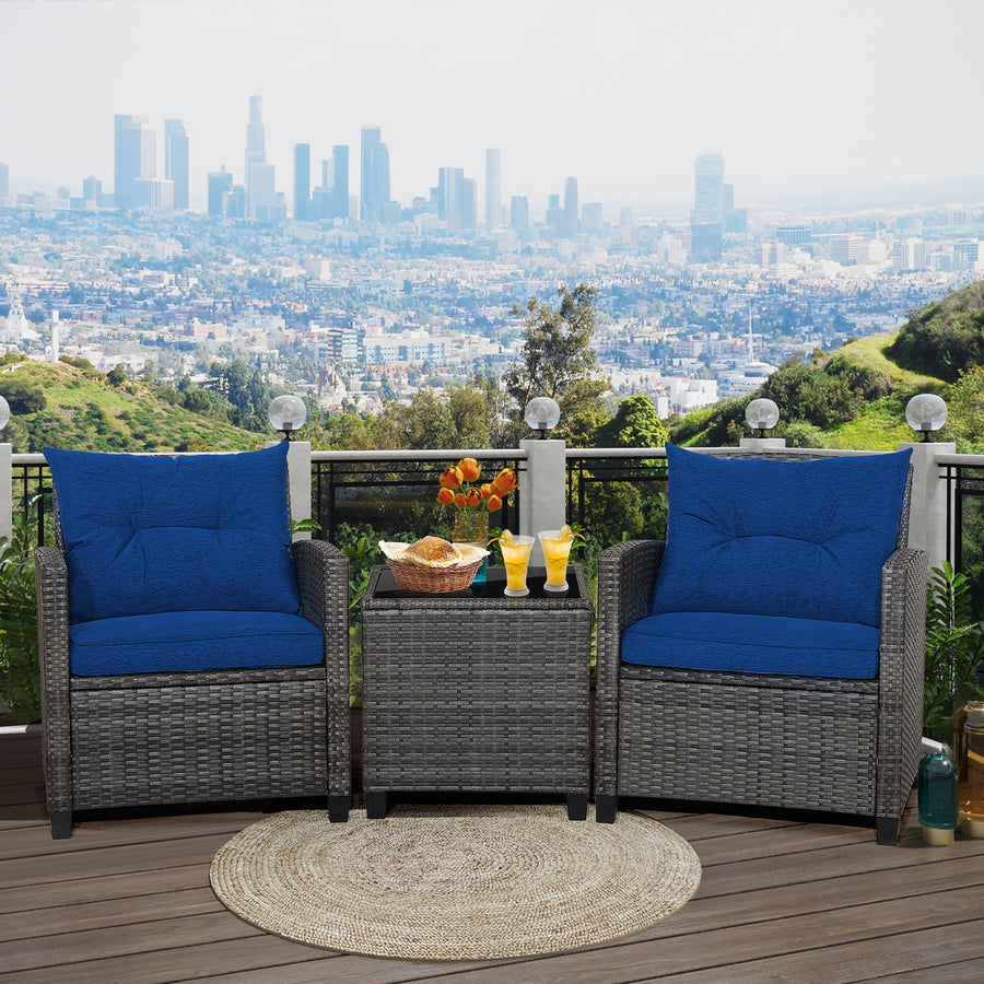 3PCS Patio Rattan Sofa Set Outdoor Wicker Conversation Set Glass Tabletop w/ Navy Cushion Image 1