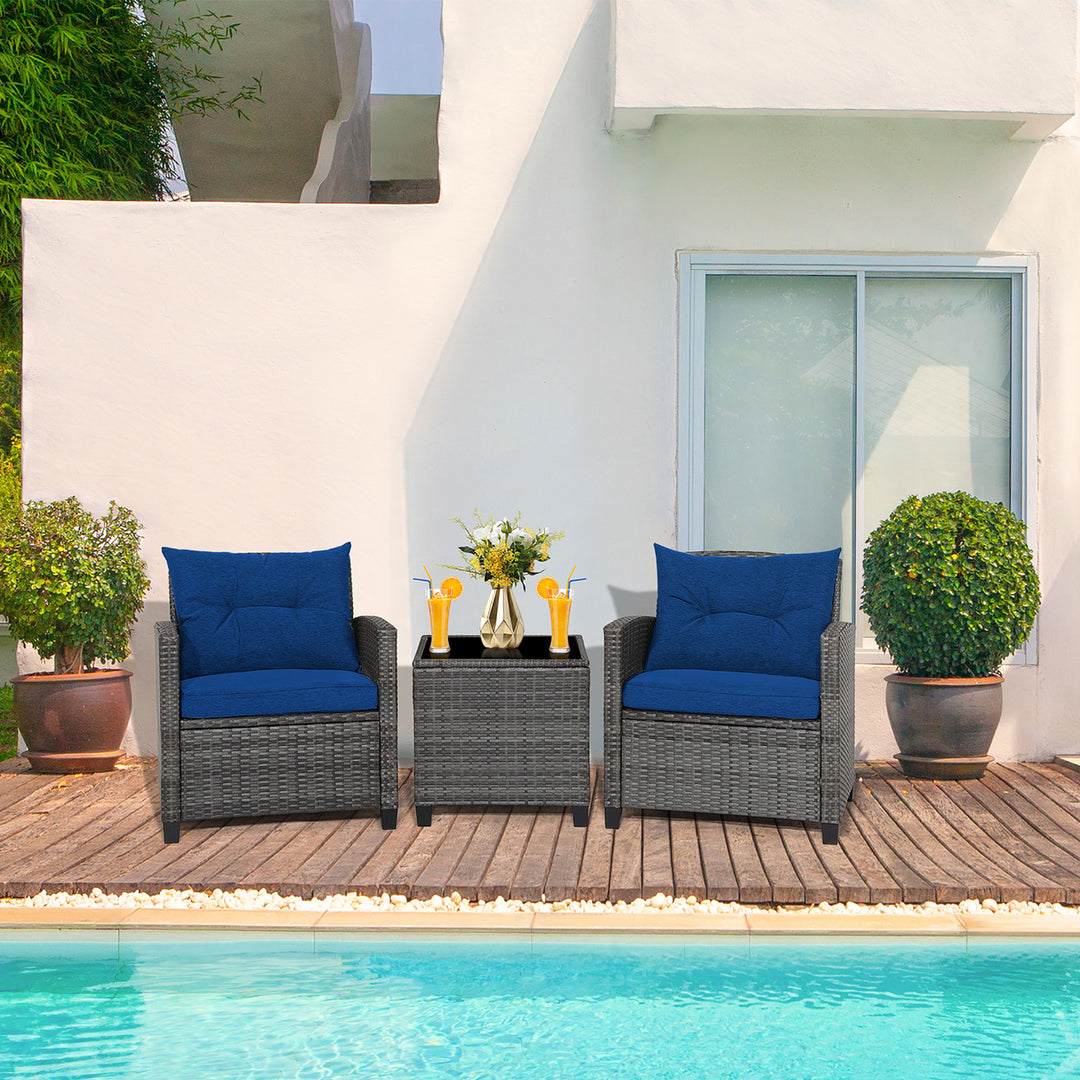 3PCS Patio Rattan Sofa Set Outdoor Wicker Conversation Set Glass Tabletop w/ Navy Cushion Image 4